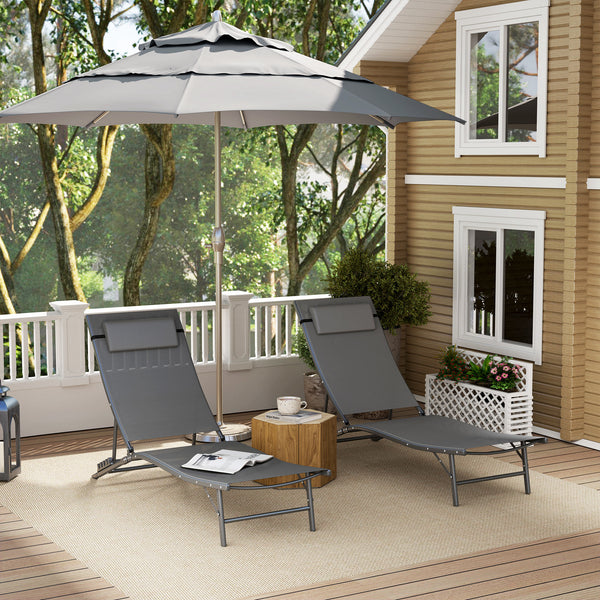 Set of 2 Outdoor Folding Lounge Chairs with Adjustable Backrest, Headrest and Mesh Seat for Beach and Pool, Grey