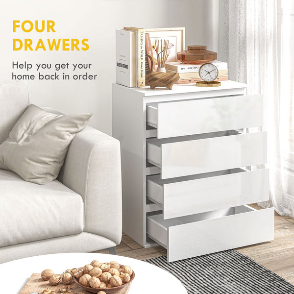 4-drawer chest of drawers, high-gloss finish, with metal runners and grooved handles, white