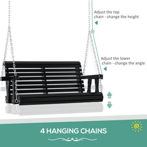 Two-seater wooden swing with cup holder and chains, black