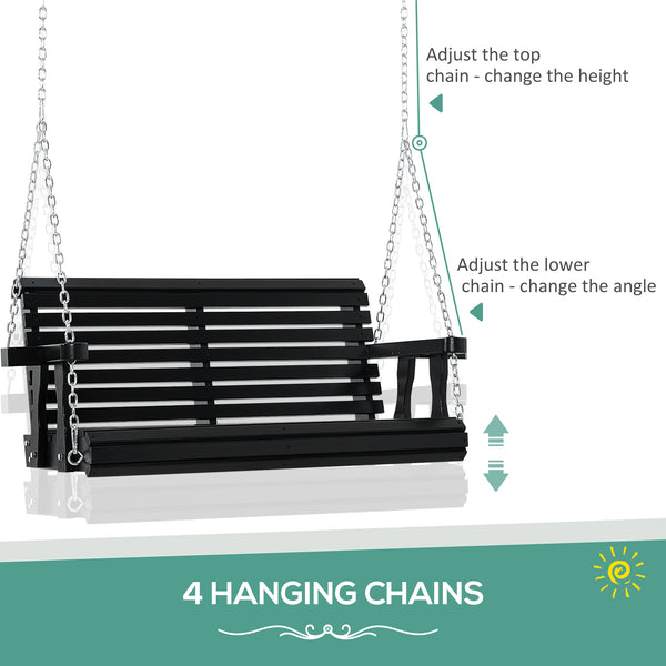 Two-seater wooden swing with cup holder and chains, black