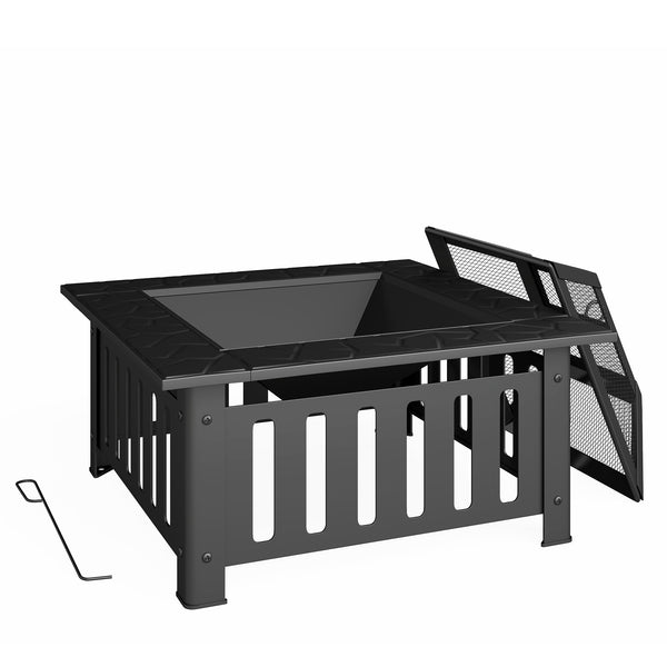 Outdoor Fire Pit with Poker, Square Steel Wood Burning Fire Pit with Mesh Cover, Fireplaces, Black