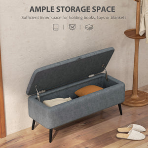 Linen Upholstered Storage Ottoman Bench with Steel Legs, Dark Grey