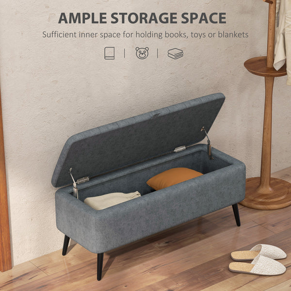 Linen Upholstered Storage Ottoman Bench with Steel Legs, Dark Grey