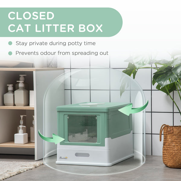 Enclosed litter box with scoop and tray, green