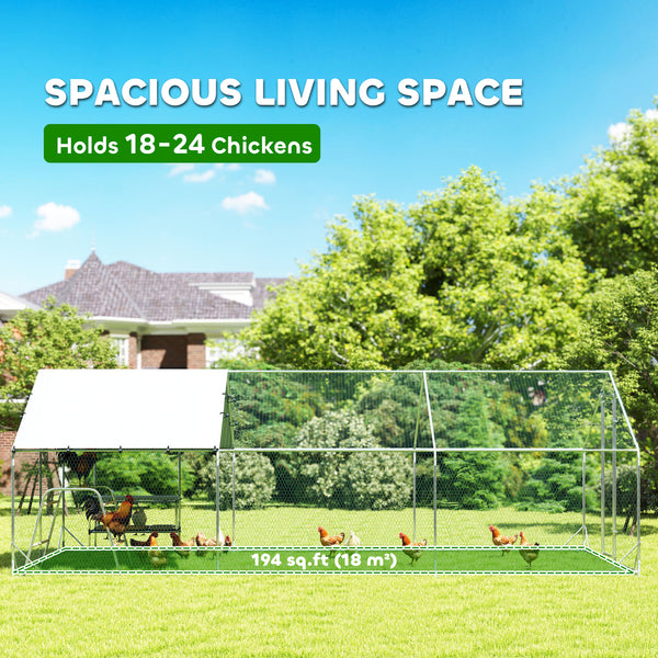 Metal chicken coop with waterproof tarp, nesting box, and perches