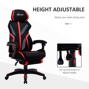 Ergonomic gaming chair with footrest, black and red.