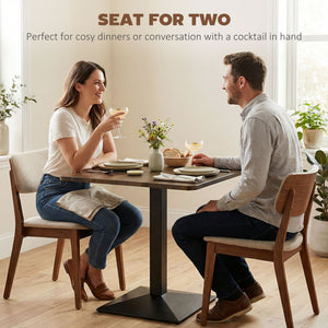 Square dining table with steel base, compact and space-saving, walnut-look.