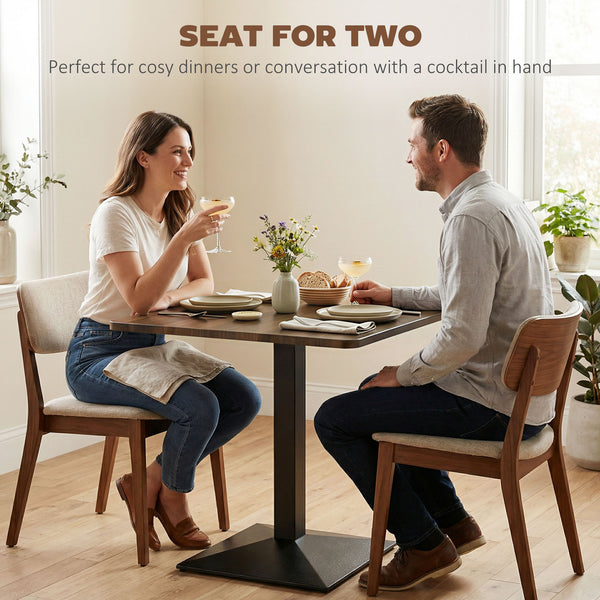 Square dining table with steel base, compact and space-saving, walnut-look.
