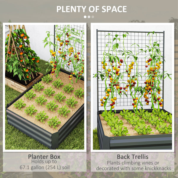 Galvanized Raised Garden Bed with Trellis for Climbing Plants, Outdoor Planter Box with Open Bottom, Dark Gray