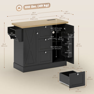 Farmhouse style kitchen island with electrical outlet, soft-close doors, and 3 drawers, black