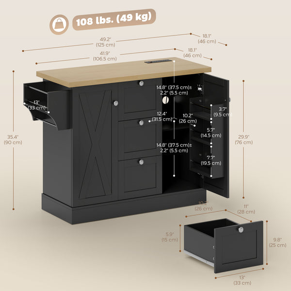 Farmhouse style kitchen island with electrical outlet, soft-close doors, and 3 drawers, black