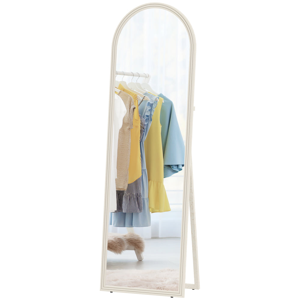 Full-length arched floor mirror with faux stone frame, white