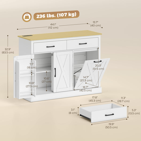 7-gallon (26.5-liter) tilt-out trash can cabinet with charging station, 2 drawers, 4 door shelves, white