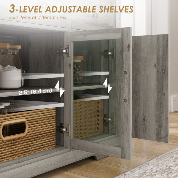 Sideboard with glass doors and adjustable shelves, patinated gray oak