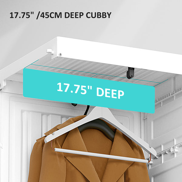 Foldable and portable wardrobe with cube storage, hanging rails, and magnetic doors, white