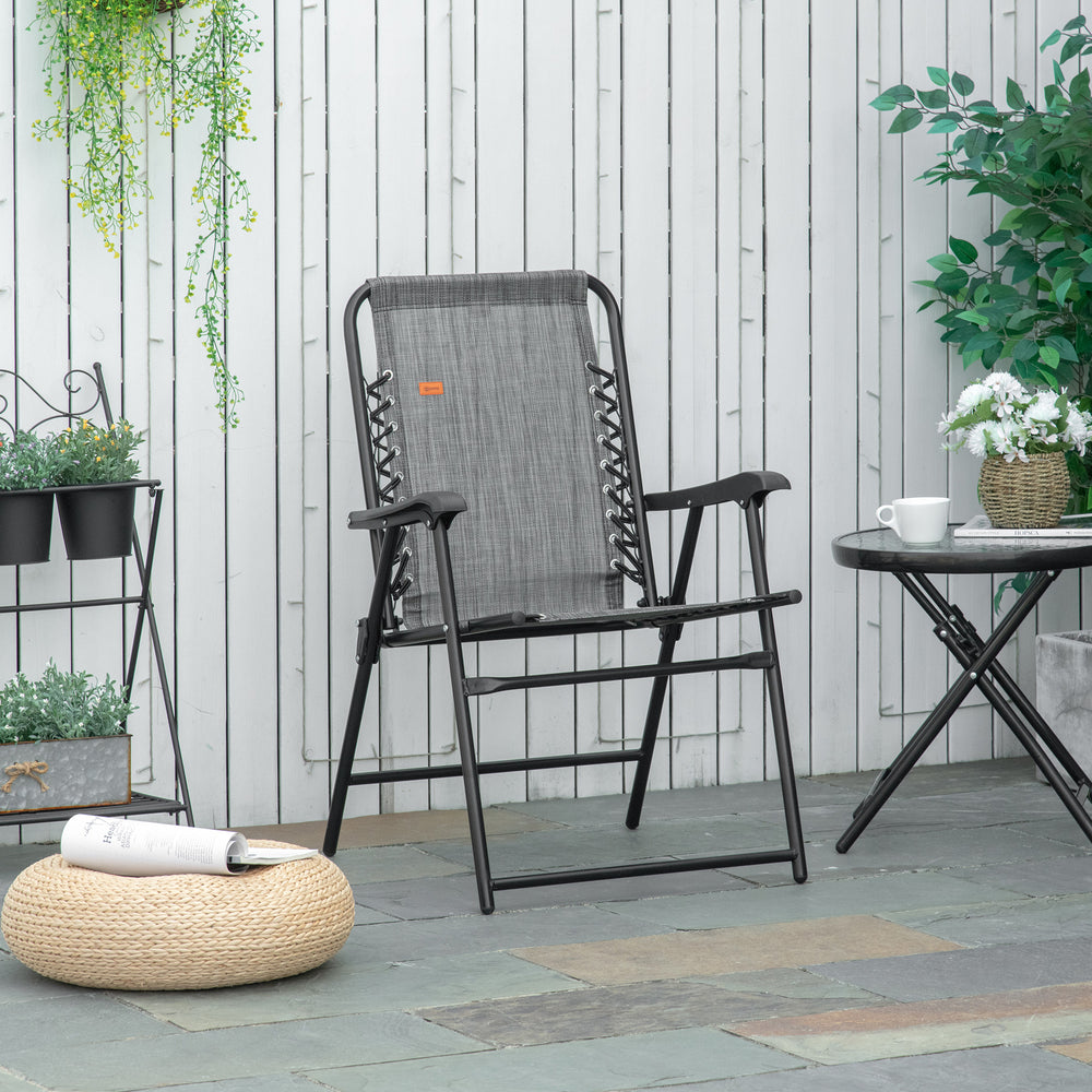 Folding outdoor chair with armrests and elastic backrest, grey