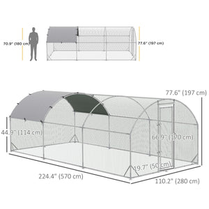 Large galvanized metal chicken coop with outdoor run