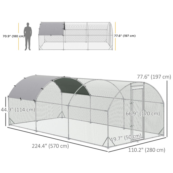 Large galvanized metal chicken coop with outdoor run