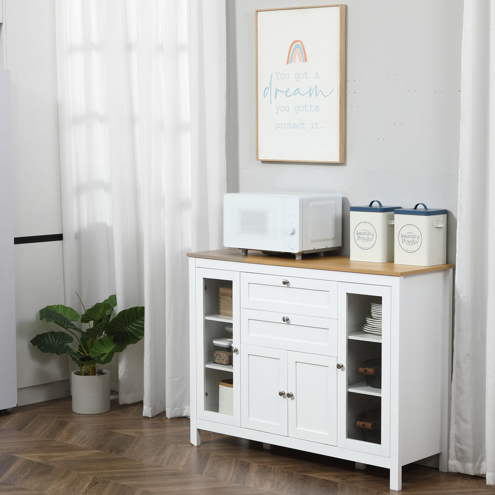 Sideboard with 2 drawers, 3 cupboards, glass doors and adjustable shelves, white