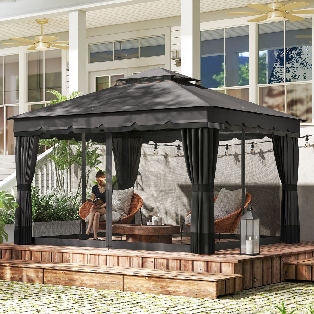 10' x 12' Double Roof Patio Gazebo Canopy, Outdoor Gazebo Shelter with Netting & Curtains, for Garden, Lawn and Deck