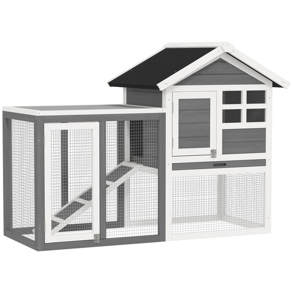 49" Weatherproof Wooden Rabbit Hutch With Slant Roof And Screened Outdoor Run, Grey