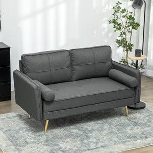 2 seater upholstered sofa with back cushions and pillows, dark grey