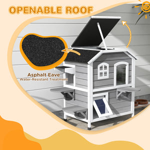 Two-story wooden cat house with a retractable roof, grey