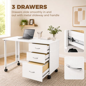 Folding desk with 3 drawers and castors, white