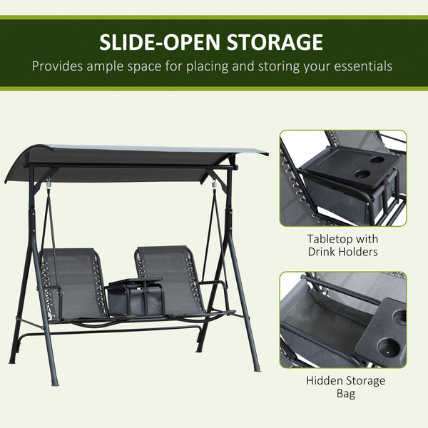 Swing for 2 people with swiveling storage table, grey