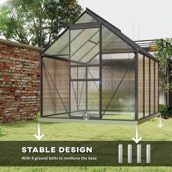 Greenhouse with adjustable roof ventilation, galvanized base, sliding door and gutter