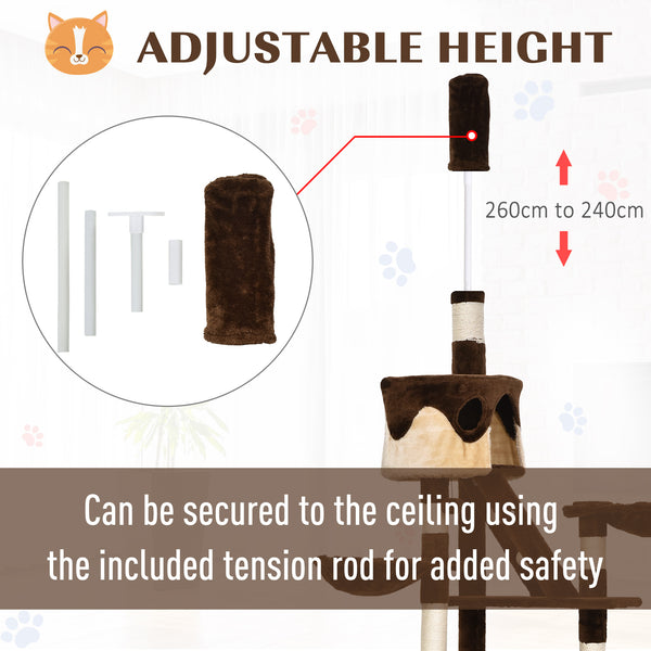 Giant Cat Tree 240-250cm, Ceiling Height, Scratching Post, Activity Center, Brown