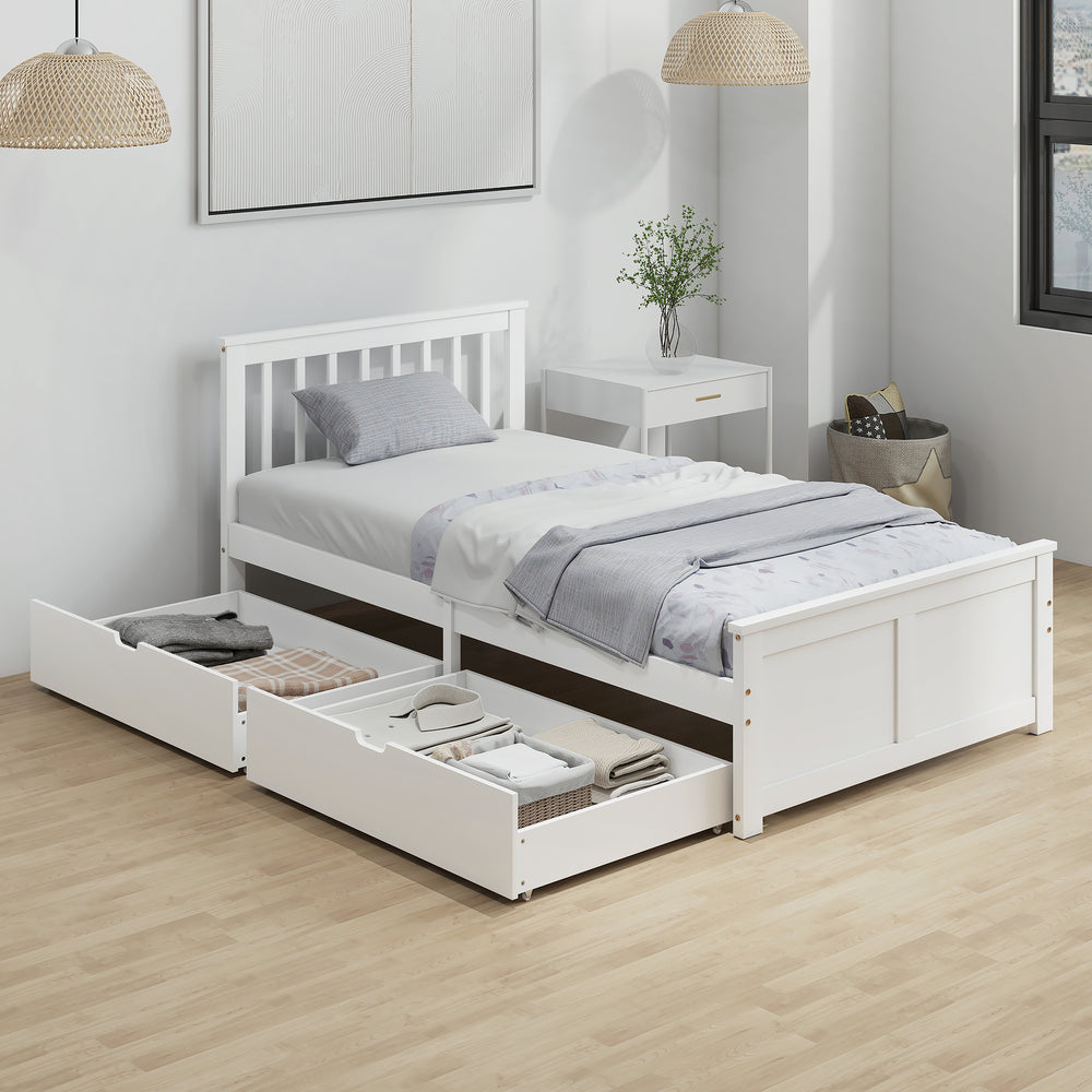 Pine Single Bed Frame with Storage and Drawers, White