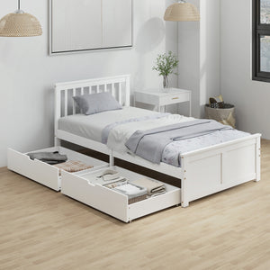 Pine Single Bed Frame with Storage and Drawers, White