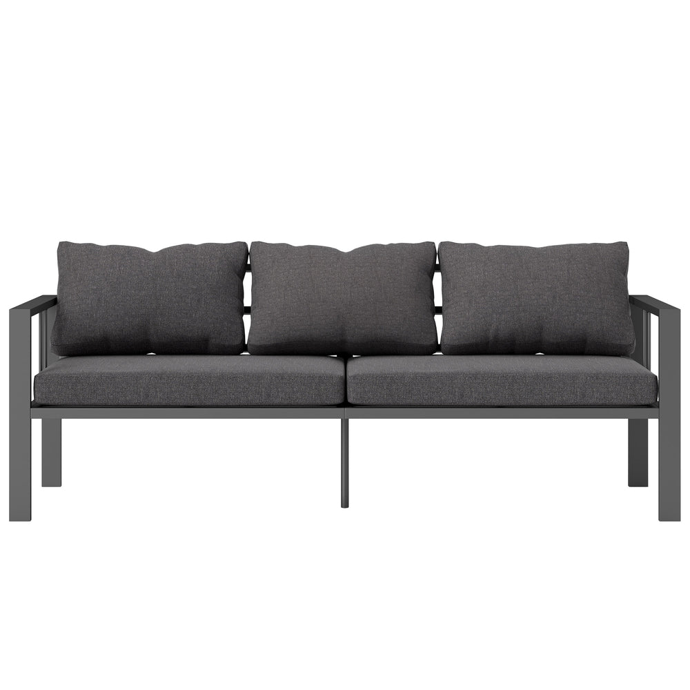 Canapé d'extérieur 3 places en aluminium gris foncé avec coussins épais, assise large et accoudoirs, idéal pour une terrasse ou un jardin contemporain
