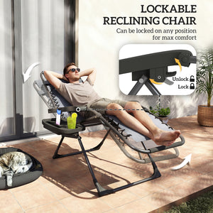 Set of 2 foldable and reclinable outdoor lounge chairs with cup holder and headrest, dark grey