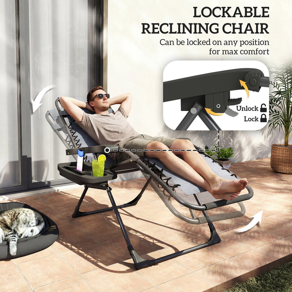 Set of 2 foldable and reclinable outdoor lounge chairs with cup holder and headrest, dark grey