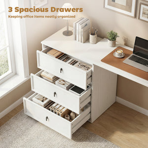 Convertible straight or L-shaped computer desk with 3 drawers and large workspace – White wood effect