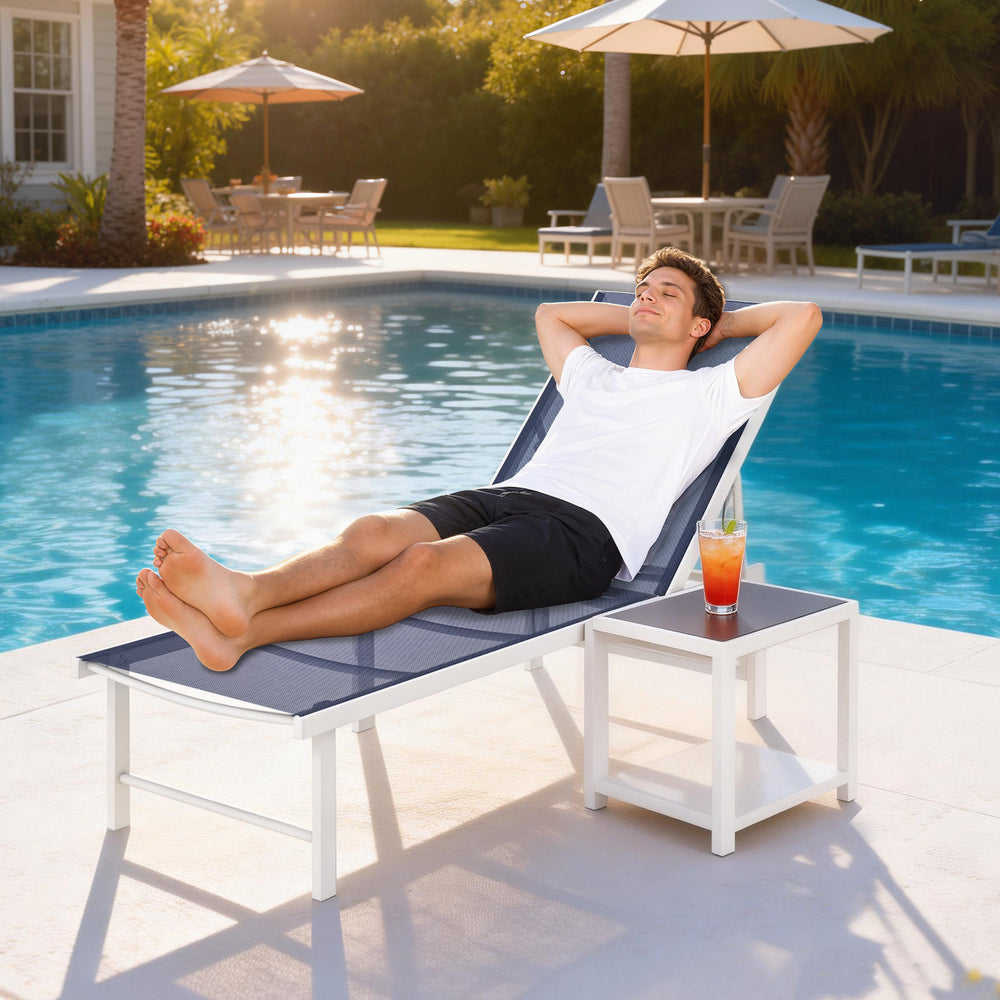 Outdoor Lounge Chair, 5-Position Reclining Outdoor Chaise Lounge Tanning Chair with Mesh Seat, Dark Blue