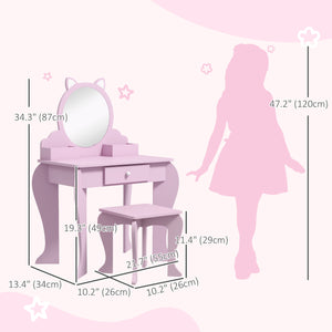 Dressing table with mirror and stool, cat motif, pink
