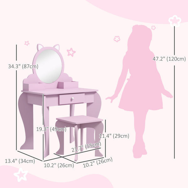 Dressing table with mirror and stool, cat motif, pink