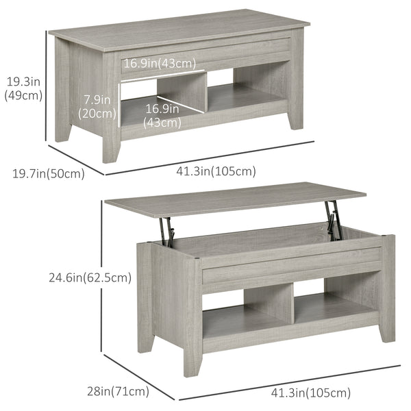 Lift-up coffee table with hidden storage compartment, light grey