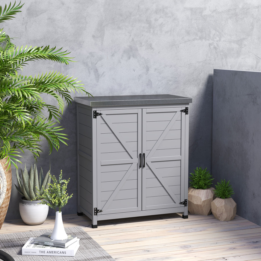 Garden storage unit with metal top, shelf and double door, grey