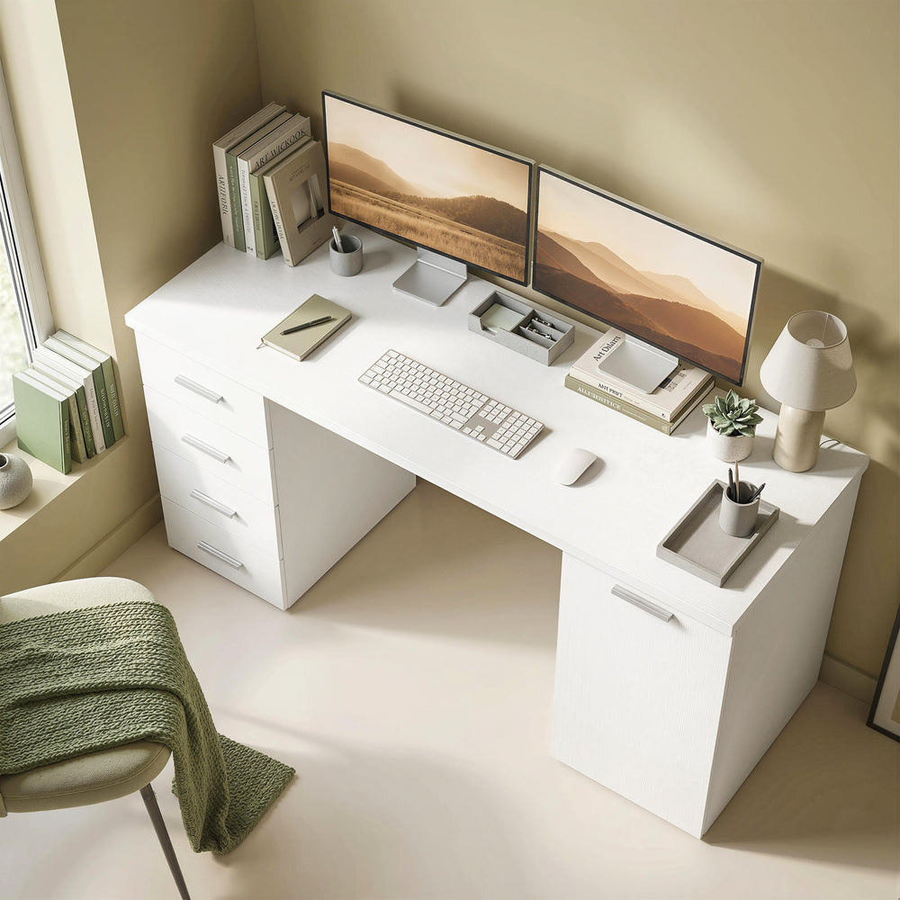 Computer desk with adjustable shelf, drawers and cabinet, white wood look.