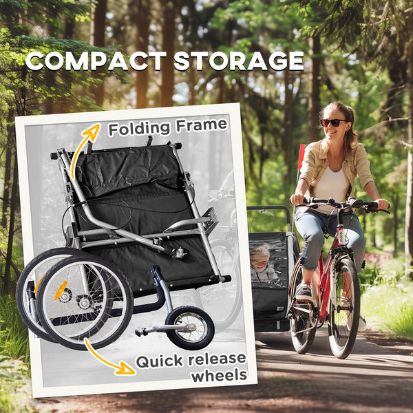2-in-1 bike trailer with 5-point harness, rubber wheels, storage bag, black