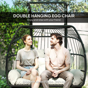 double wicker swing with hanging stand, UV-resistant cushion, cream white