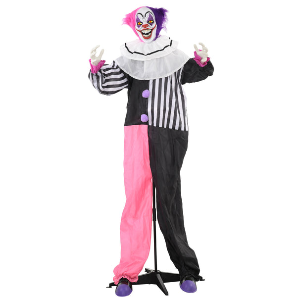 68-inch Animated Halloween Clown with Red LED Eyes, Sounds, and Motion – Black, White, and Pink