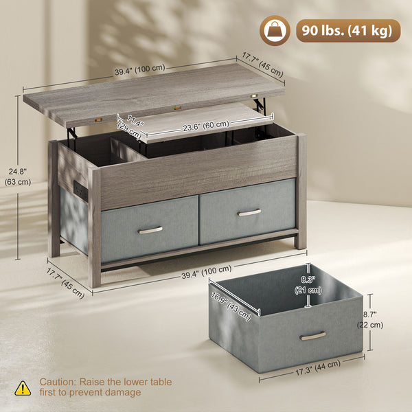 Lift-top extendable coffee table with power outlets, USB ports, and 5 storage compartments – Dark gray
