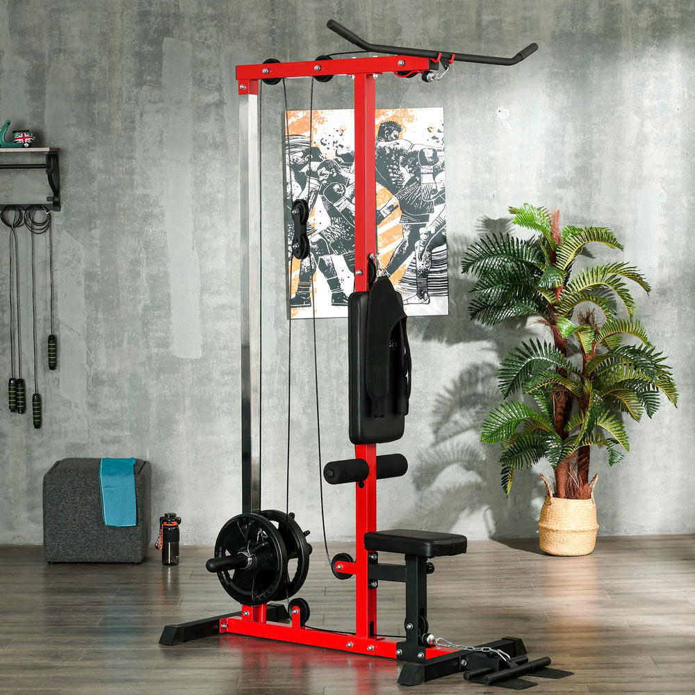 Vertical row machine with adjustable seat and retractable footrest, red