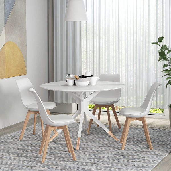 Set of 4 modern rubberwood chairs with faux leather cushions, white