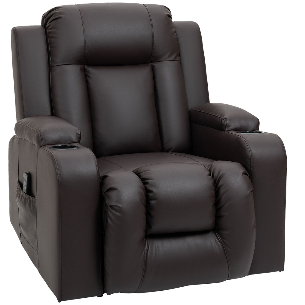 360° Swivel Leather Recliner Chair with Vibration and Cup Holders, Brown